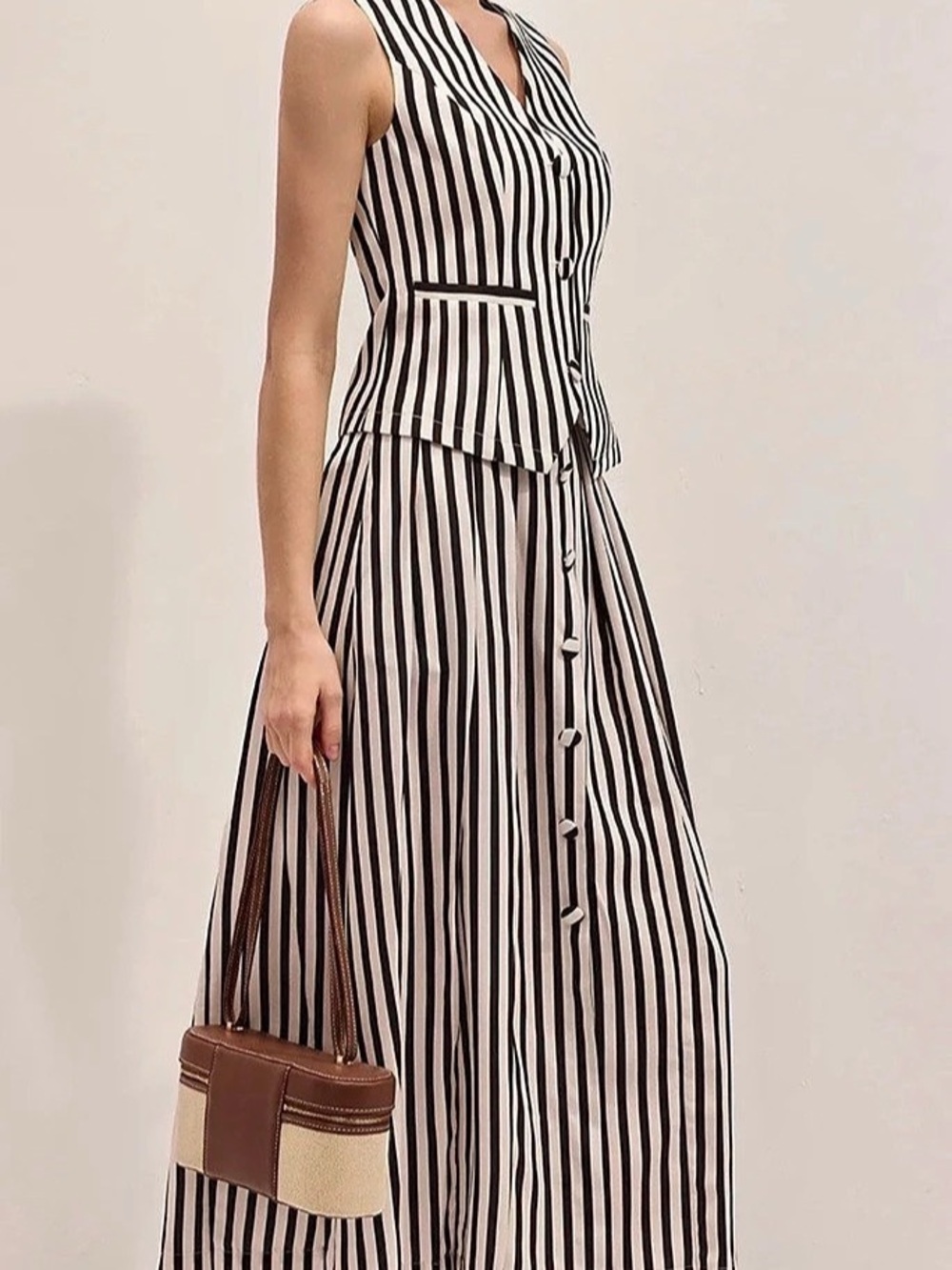 Commense Striped Sleeveless Vest & Maxi Skirt Set Black & White M - Picture 4 of 10